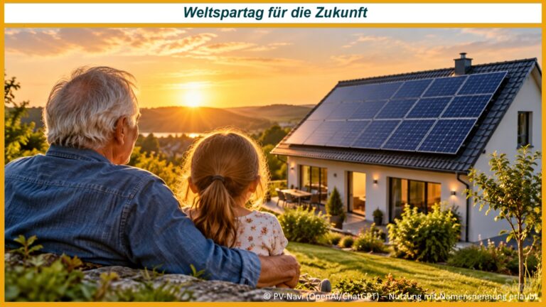 Ein älterer Mensch und ein Kind betrachten gemeinsam ein Haus mit einer Photovoltaikanlage auf dem Dach.